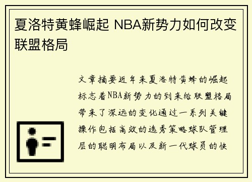 夏洛特黄蜂崛起 NBA新势力如何改变联盟格局